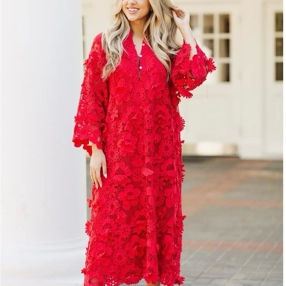 NWT J.Marie Seraphina Floral 3D Lace Split Round Button Up Neck Shift Dress Sz M - Picture 3 of 6